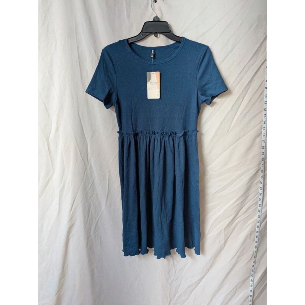 BTFBM Blue Ribbed Babydoll Mini Dress Ruffle High Waist Small